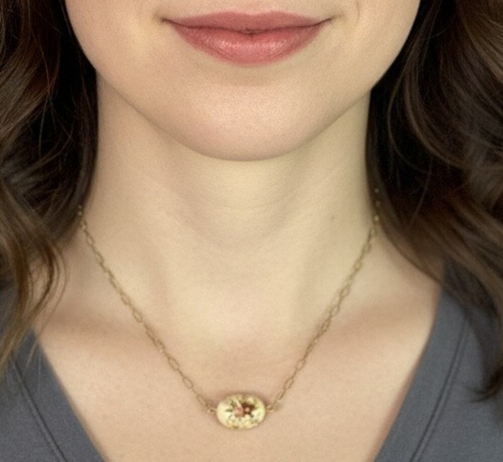 Handmade Goldtone Paperclip Chain w/Upcycled Enamel Painted Floral Bead Pendant